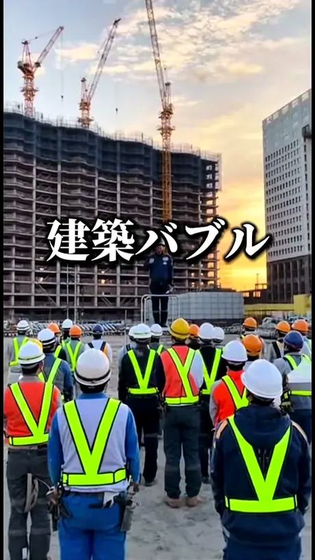 永福商店のTikTok動画。建設現場で反射ベストを着た作業員たちが並ぶ場面